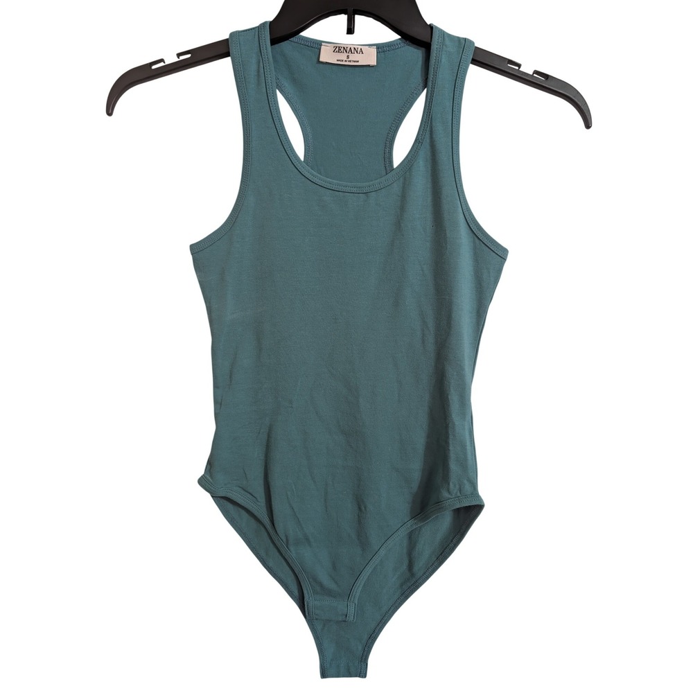 Zenana Bodysuit Womens S Teal Excellent Racerback Scoop Neck Cotton Blend Snap‎